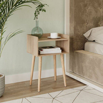 URBNLIVING 60cm Height Oak Modern Bedside Table Storage Display Unit with 2 Shelves & Solid Pinewood Legs