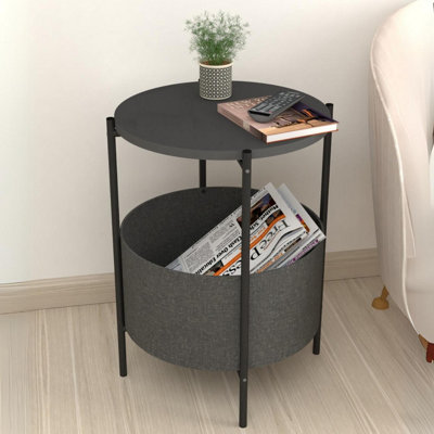 URBNLIVING 60cm Height Round Anthracite Wooden Side Table with Storage Bag and Metal Frame Living Room Décor