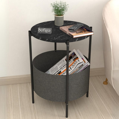 URBNLIVING 60cm Height Round Black Marble Wooden Side Table with Storage Bag and Metal Frame Living Room Décor