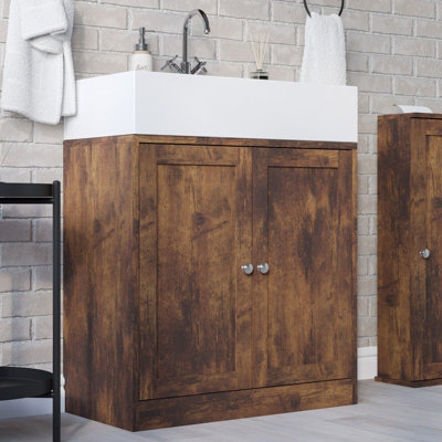 URBNLIVING 60cm Height Rustic Brown Bathroom Wood Under Sink Cabinet Cupboard Unit
