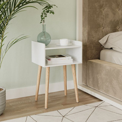 URBNLIVING 60cm Height White Modern Bedside Table Storage Display Unit with 2 Shelves & Solid Pinewood Legs