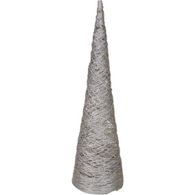 URBNLIVING 60cm LED Light Up Christmas Tree Silver Single Cone Pyramids Glitter Fairy Lights Ornament