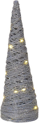 URBNLIVING 60cm LED Light Up Christmas Tree Silver with Glitter Single Cone Pyramids Glitter Fairy Lights Ornament