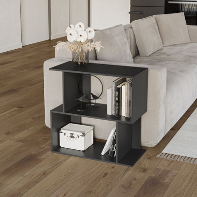 URBNLIVING 60cm Width Black 2-Tier Bookcase Irregular Storage Shelf Wooden Shelving Display Organiser Unit