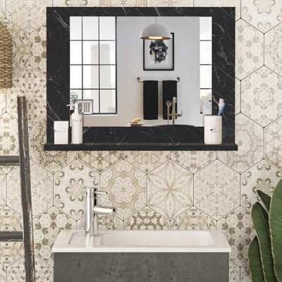 URBNLIVING 60cm Width Modern Black Marble Wooden Wall Mounted Bathroom Mirror With Cosmetics Shelf Vanity Storage