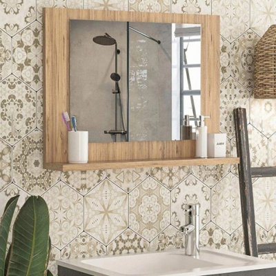 URBNLIVING 60cm Width Modern Pine Wooden Wall Mounted Bathroom Mirror With Cosmetics Shelf Vanity Storage