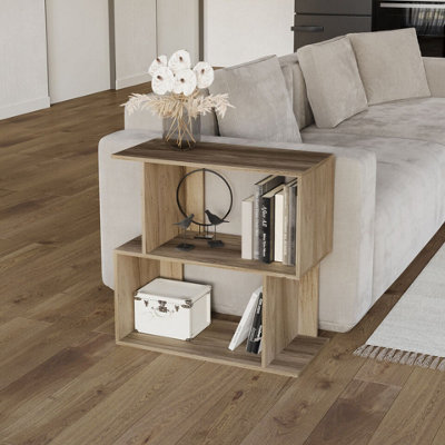 URBNLIVING 60cm Width Oak 2-Tier Bookcase Irregular Storage Shelf Wooden Shelving Display Organiser Unit