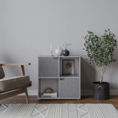 URBNLIVING 61cm Height 4 Cubes Grey Wooden Bookcase Display Shelf Storage Cabinet With Modern Geo Grey Door