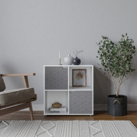 URBNLIVING 61cm Height 4 Cubes White Wooden Bookcase Display Shelf Storage Cabinet With Modern Geo Grey Door