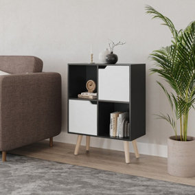 URBNLIVING 61cm Height Black 4 Cube with White 2 Wooden Door Bookcase with Pine Legs Shelves