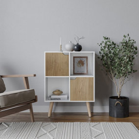 URBNLIVING 61cm Height White 4 Cube with Oak 2 Wooden Door Bookcase with Beech Legs Shelves