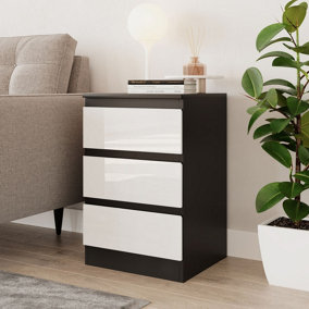 URBNLIVING 62cm Height Glossy 3 Drawers Bedside Cabinet Chest of Drawers with Smooth Metal Runner Black & White