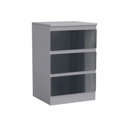 URBNLIVING 62cm Height Glossy 3 Drawers Bedside Cabinet Chest of Drawers with Smooth Metal Runner Grey & Black