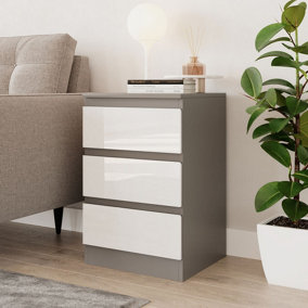 URBNLIVING 62cm Height Glossy 3 Drawers Bedside Cabinet Chest of Drawers with Smooth Metal Runner Grey & White