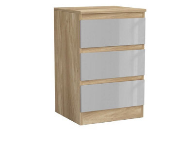 URBNLIVING 62cm Height Glossy 3 Drawers Bedside Cabinet Chest of Drawers with Smooth Metal Runner Oak & Grey