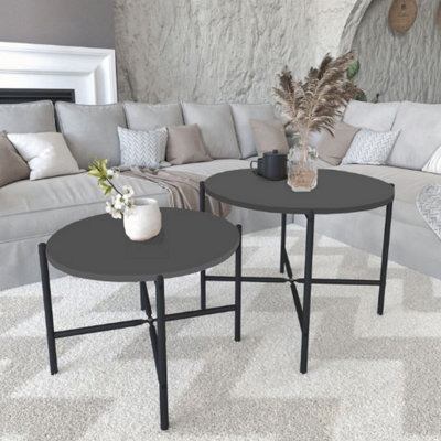 URBNLIVING 65cm Width 2Pcs Round Anthracite Wooden Nesting End Coffee & Side Table Set With Metal Legs