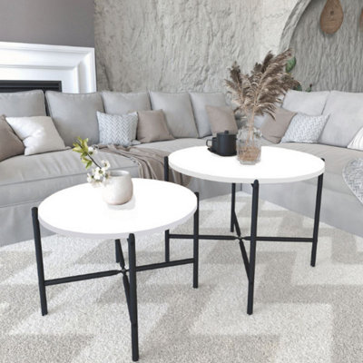 URBNLIVING 65cm Width 2Pcs Round White Wooden Nesting End Coffee & Side Table Set With Metal Legs