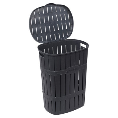 URBNLIVING 65L Anthracite Plastic Bamboo Style Laundry Basket Storage Bin With Handles & Easy Open Lid