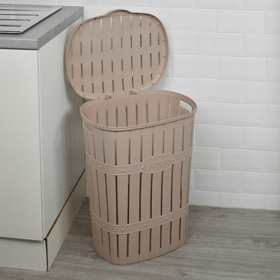 URBNLIVING 65L Brown Plastic Bamboo Style Laundry Basket Storage Bin With Handles & Easy Open Lid