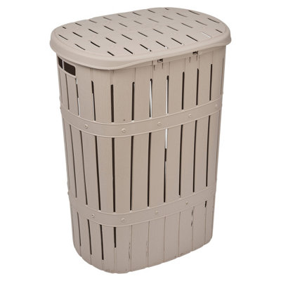 URBNLIVING 65L Brown Plastic Bamboo Style Laundry Basket Storage Bin With Handles & Easy Open Lid