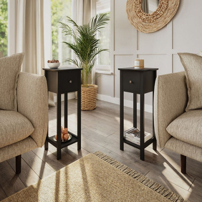 URBNLIVING 70cm Height 2 Pcs Slim Bedside Nightstand Black Table 1 Storage Drawer Bedroom Furniture Sofa Side Unit