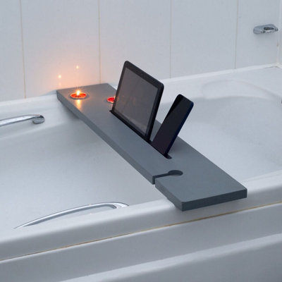 URBNLIVING 70cm Width Grey Wood Bath Tub Rack Caddy Bathroom Shelf Wine Glass Tablet Tea Light