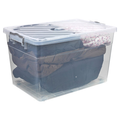 URBNLIVING 70L Clear Plastic Storage Box w/ Lid Rectangular Stackable ...