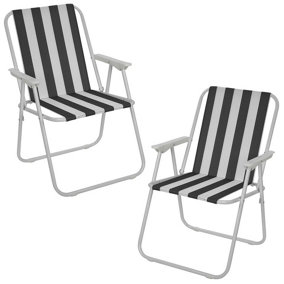 URBNLIVING 76cm Height 2pcs Black & White Stripe Garden Patio Metal Folding Chairs Camping Beach Picnic Outdoor Seats