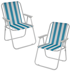URBNLIVING 76cm Height 2pcs White & Blue Stripe Garden Patio Metal Folding Chairs Camping Beach Picnic Outdoor Seats