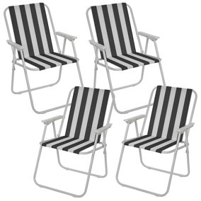 URBNLIVING 76cm Height 4pcs Black & White Stripe Garden Patio Metal Folding Chairs Camping Beach Picnic Outdoor Seats