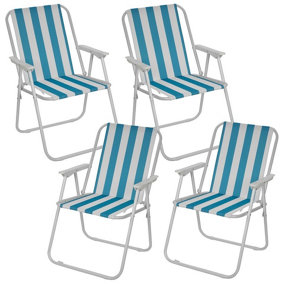 URBNLIVING 76cm Height 4pcs White & Blue Stripe Garden Patio Metal Folding Chairs Camping Beach Picnic Outdoor Seats