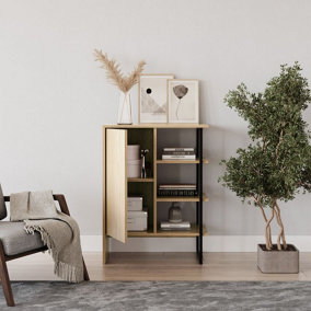 URBNLIVING 79cm Height Wood Steel Living Room 1 Door Bedside Cabinet Shelf Bookcase Unit Oak Colour