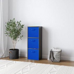 URBNLIVING 80cm Height 3 Cube Black Wooden Shelves Cubes Cupboard Storage Units With Dark Blue Drawer Insert