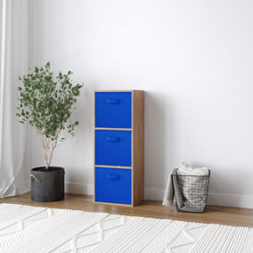 URBNLIVING 80cm Height 3 Cube Oak Wooden Shelves Cubes Cupboard Storage Units With Dark Blue Drawer Insert