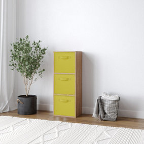 URBNLIVING 80cm Height 3 Cube Oak Wooden Shelves Cubes Cupboard Storage Units With Yellow Drawer Insert