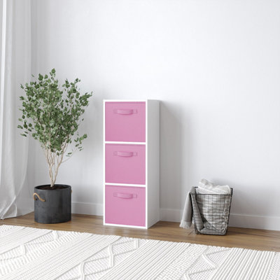 URBNLIVING 80cm Height 3 Cube White Wooden Shelves Cubes Cupboard Storage Units With Light Pink Drawer Insert