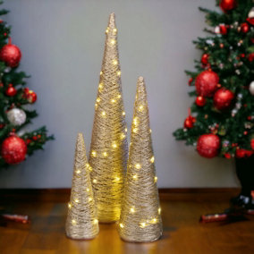URBNLIVING 80cm Height 3 Pcs LED Light Up Christmas Tree Cone Pyramids Ornament Fairy Gold Lights