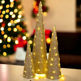 URBNLIVING 80cm Height 3 Pcs LED Light Up Christmas Tree Cone Pyramids Ornament Fairy Gold with Glitter Lights
