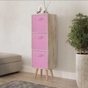 URBNLIVING 80cm Height 3 Tier Antique Oak Wooden Storage Bookcase Scandinavian Style Beech Legs With Light Pink Inserts