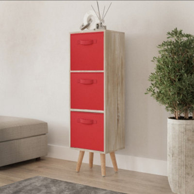 URBNLIVING 80cm Height 3 Tier Antique Oak Wooden Storage Bookcase Scandinavian Style Beech Legs With Red Inserts