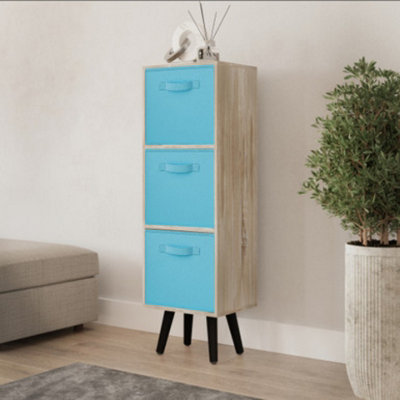 URBNLIVING 80cm Height 3 Tier Antique Oak Wooden Storage Bookcase Scandinavian Style Black Legs With Sky Blue Inserts