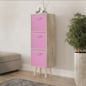 URBNLIVING 80cm Height 3 Tier Antique Oak Wooden Storage Bookcase Scandinavian Style Pine Legs With Light Pink Inserts