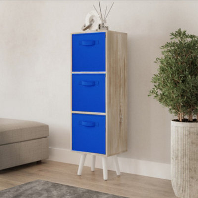 URBNLIVING 80cm Height 3 Tier Antique Oak Wooden Storage Bookcase Scandinavian Style White Legs With Dark Blue Inserts