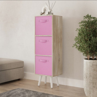 URBNLIVING 80cm Height 3 Tier Antique Oak Wooden Storage Bookcase Scandinavian Style White Legs With Light Pink Inserts