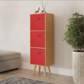 URBNLIVING 80cm Height 3 Tier Beech Wooden Storage Bookcase Scandinavian Style Beech Legs With Red Inserts