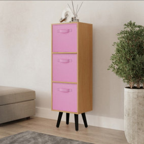 URBNLIVING 80cm Height 3 Tier Beech Wooden Storage Bookcase Scandinavian Style Black Legs With Light Pink Inserts