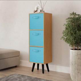 URBNLIVING 80cm Height 3 Tier Beech Wooden Storage Bookcase Scandinavian Style Black Legs With Sky Blue Inserts