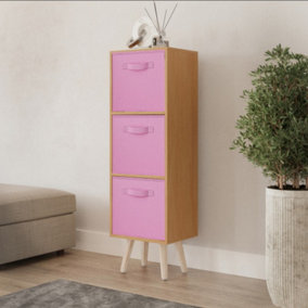 URBNLIVING 80cm Height 3 Tier Beech Wooden Storage Bookcase Scandinavian Style Pine Legs With Light Pink Inserts
