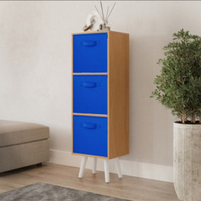 URBNLIVING 80cm Height 3 Tier Beech Wooden Storage Bookcase Scandinavian Style White Legs With Dark Blue Inserts