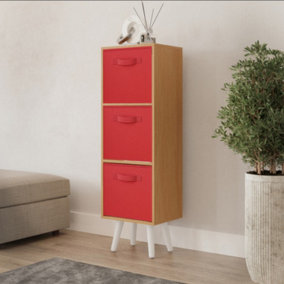 URBNLIVING 80cm Height 3 Tier Beech Wooden Storage Bookcase Scandinavian Style White Legs With Red Inserts